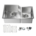 33 Inch Handcrafted Undermount Double Bowl 16 Gauge Stainless Steel Small Radius Kitchen Sink With Strainers And Grids 33 Inch