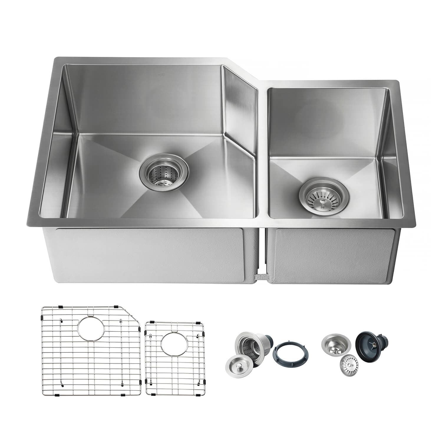 33 Inch Handcrafted Undermount Double Bowl 16 Gauge Stainless Steel Small Radius Kitchen Sink With Strainers And Grids 33 Inch