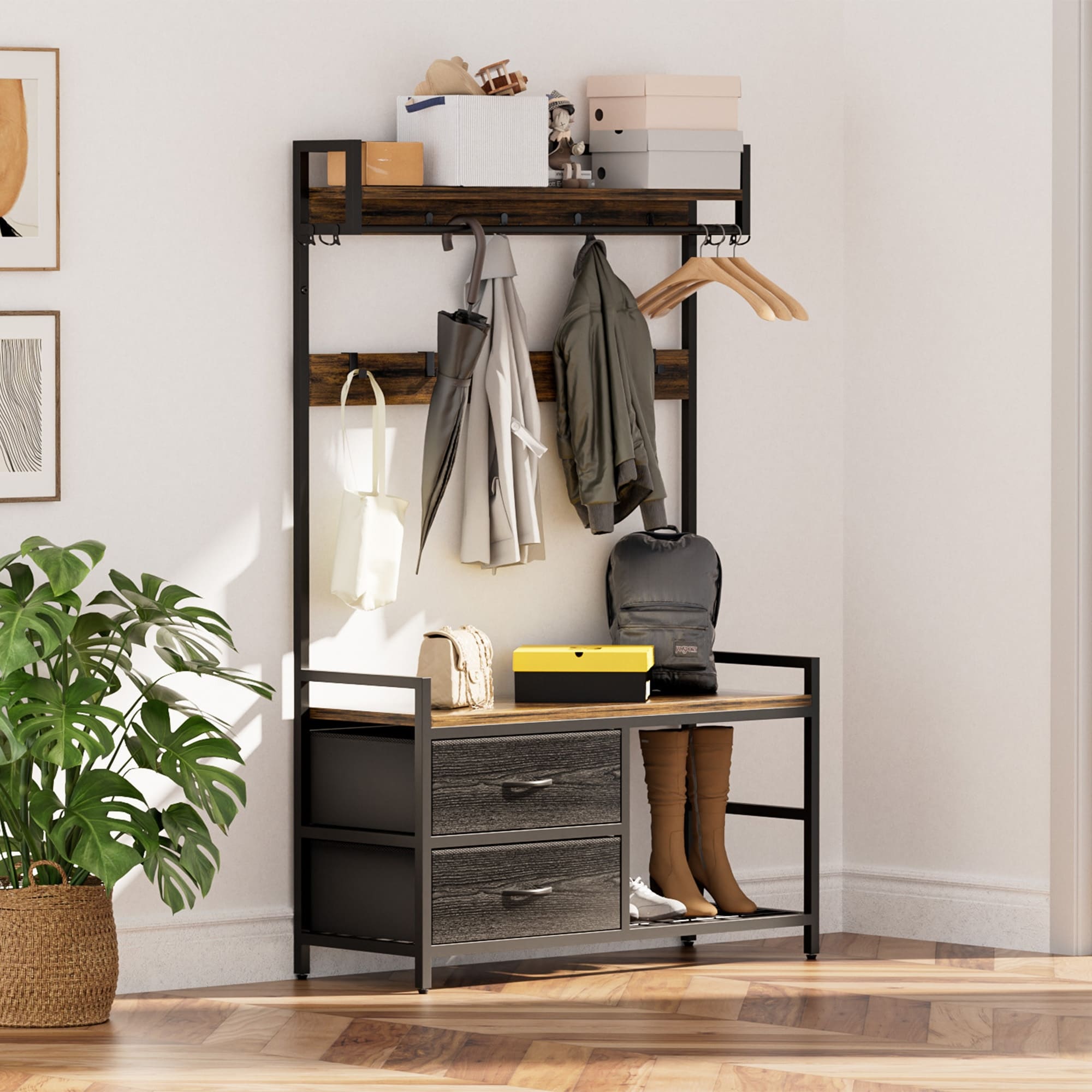 33.1 Wide Hall Tree With 2 Movable Drawers Shoe Storage Shelves And Garment Racks 5 In 1 Entryway Bench With 23 Hooks