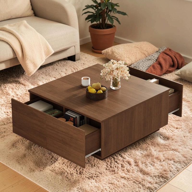 33.25 Square Coffee Table With 4 Drawers Modern Storage Center Table For Living Room