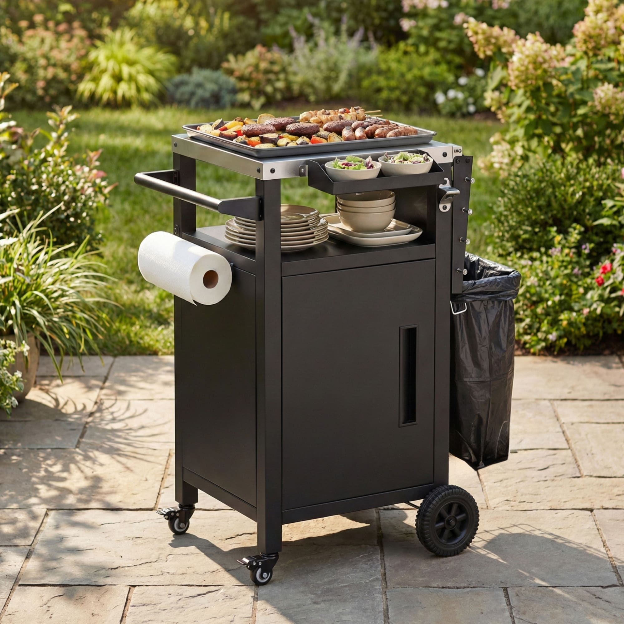 33.9 Inch Outdoor Grill Cart With Stainless Steel Top And Storage Cabinet