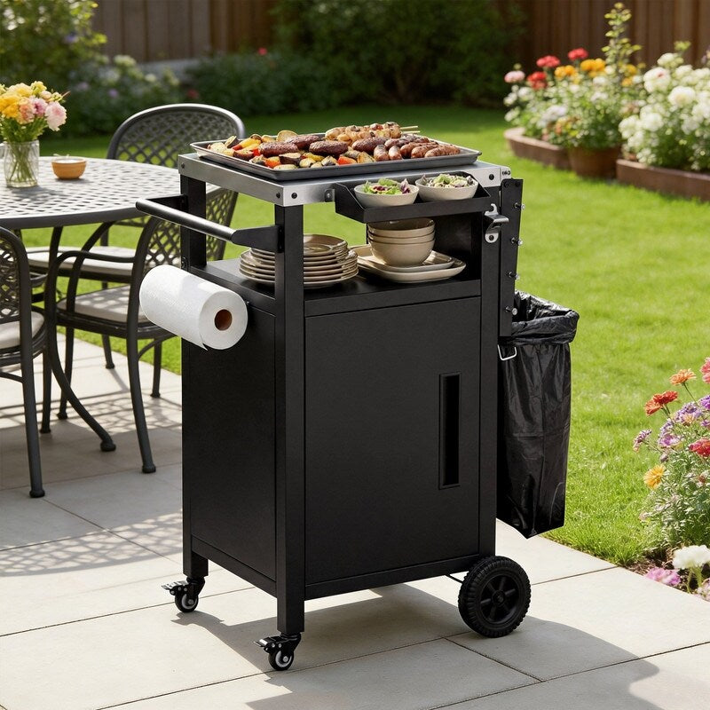 33.9 Outdoor Pizza Oven Table Rolling Stainless Steel Grill Table With Storage For Bbq Backyard Waterproof Cover Included