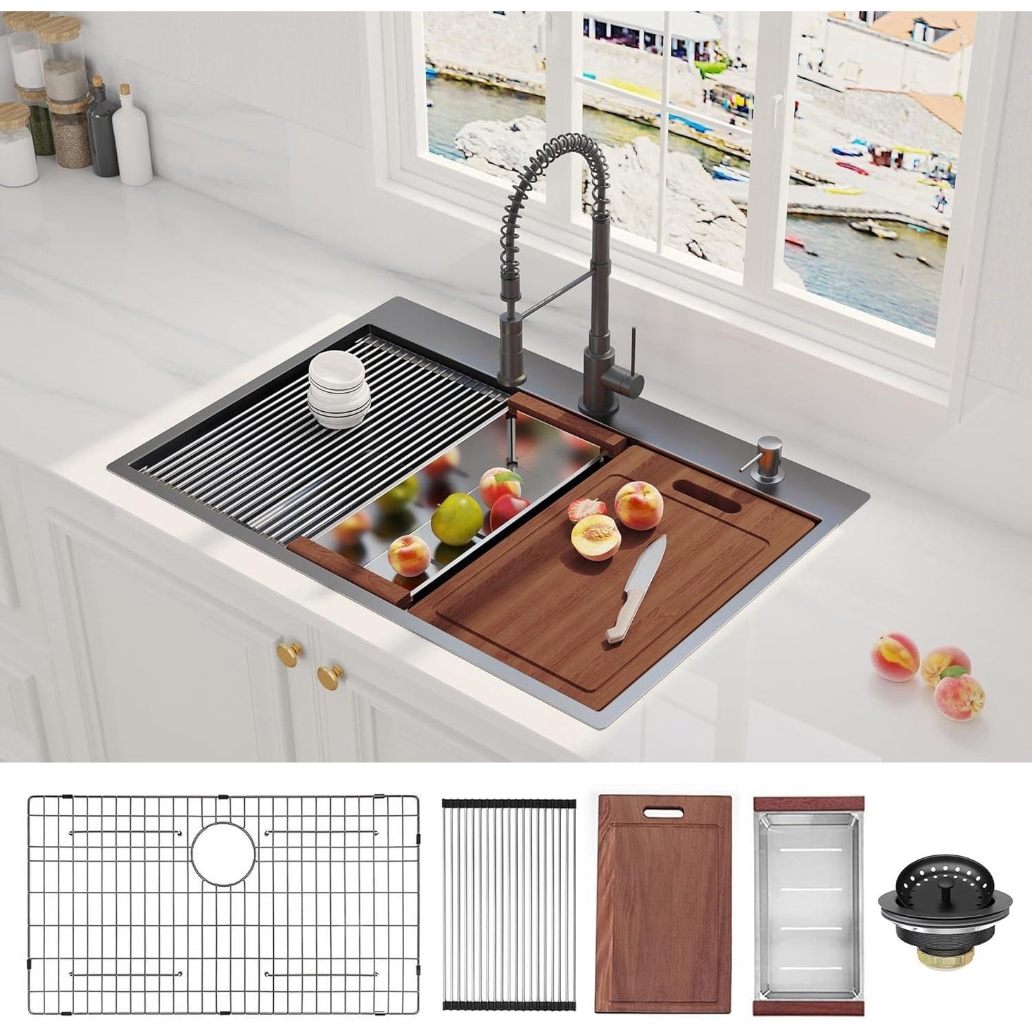 33In Gunmetal Black Drop In Workstation Kithchen Sink 16 Gauge Topmount Drop In Single Bowl Stainless Steel Kitchen Sink