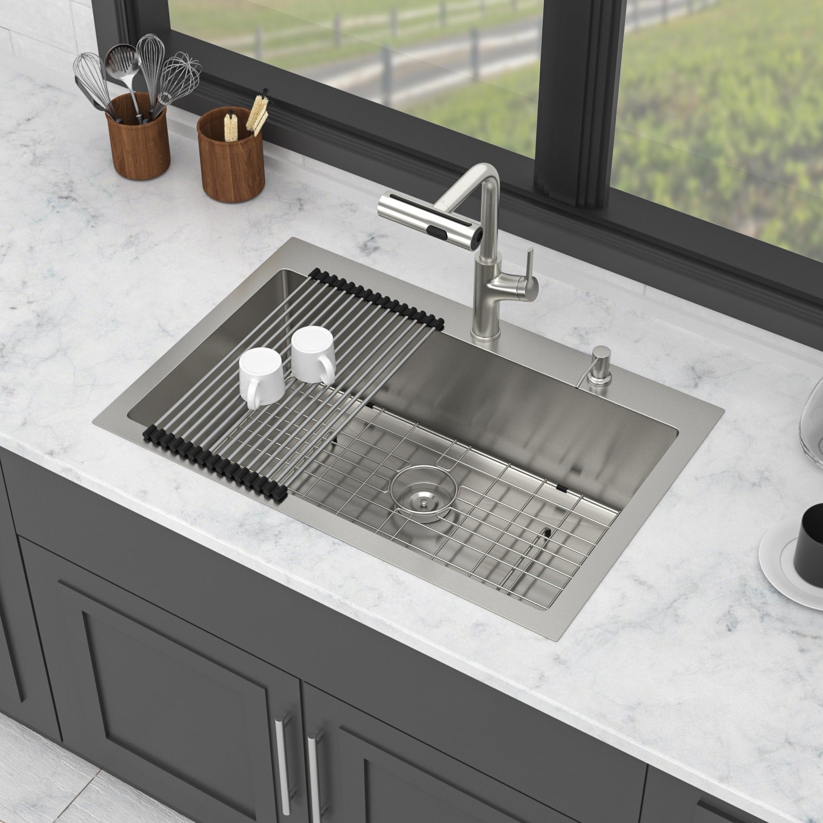33 Drop In Kitchen Sink With Pull Out Faucet And Soap Dispenser 33X22X10 Inch Single Bowl 16 Gauge Stainless Steel