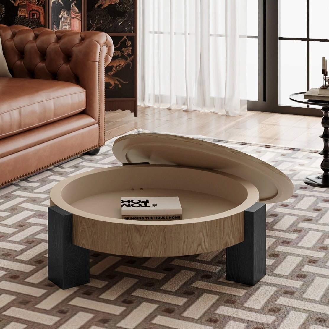 33 Round Coffee Table With Hidden Storage Parquet Veneer Top Table 3 Block Legs Sturdy Center Accent Table For Living Room