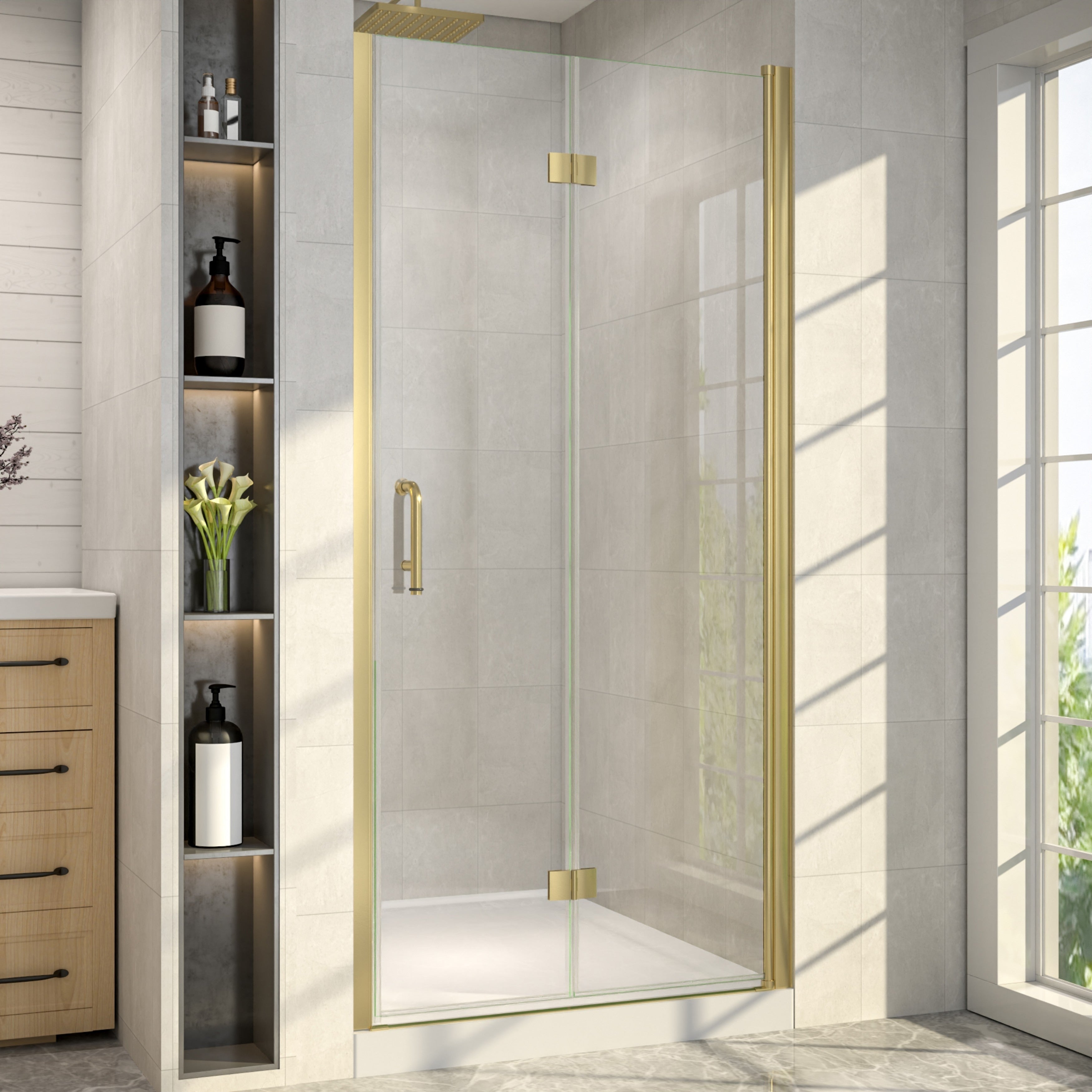 34 In. W X 72 In. H Semi Frameless Pivot Folding Shower Door Clear Tempered Glass Reversible Alcove Installation