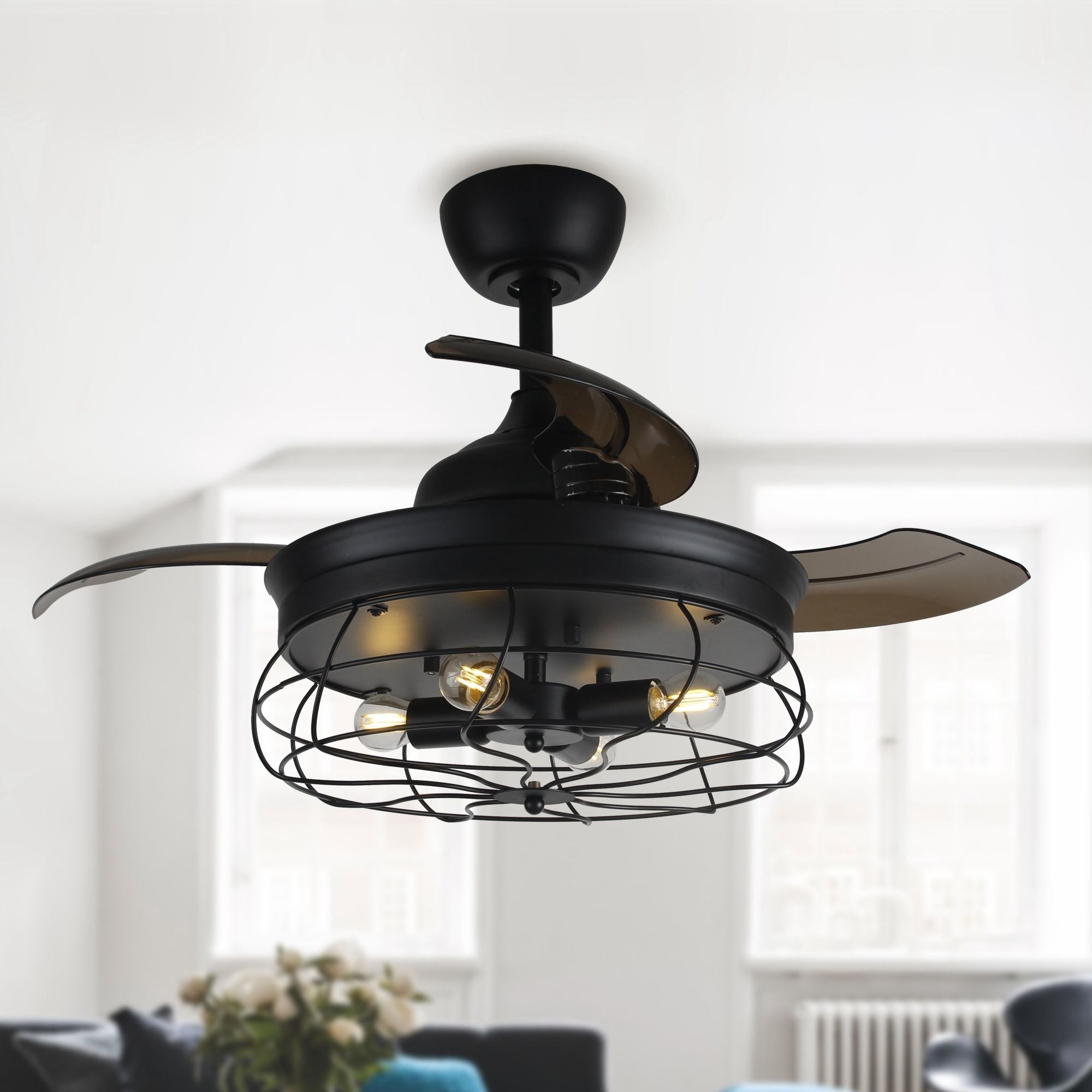 34 Inch Retractable 3 Blade Ceiling Fan With Light Kit