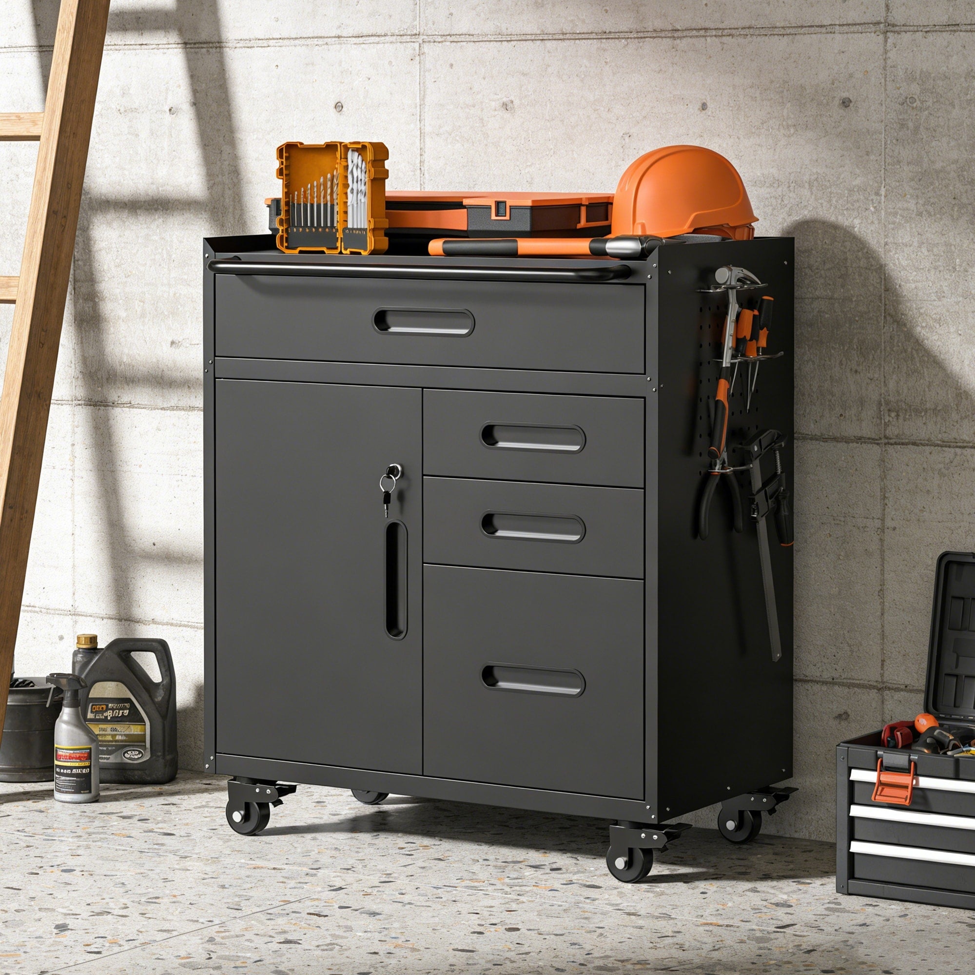 34.3 Mobile Tool Storage Cabinet Garage Organizer With Lockable Compartment 4 Drawers Rolling Steel Chest