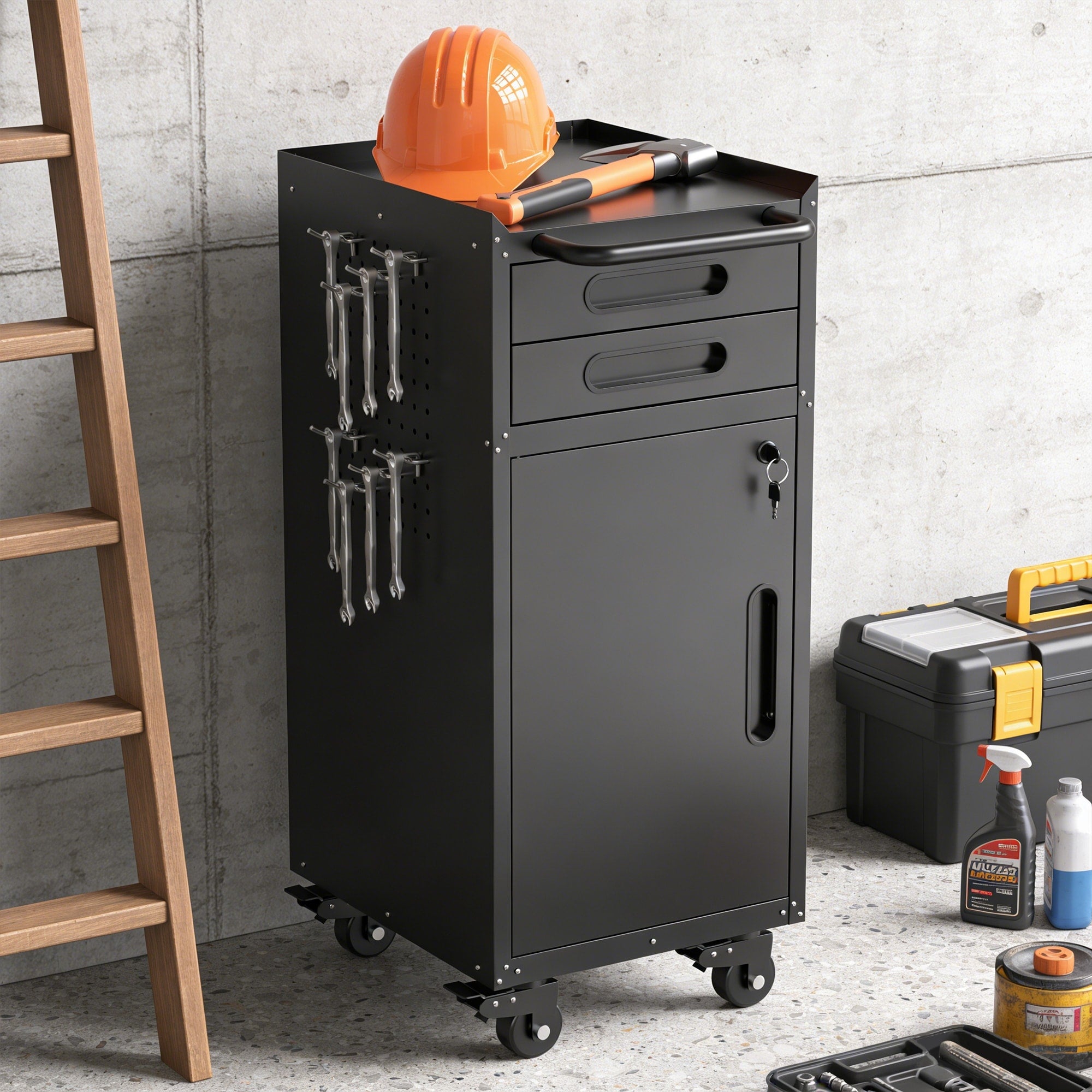 34.3 Narrow Rolling Tool Cabinet Space Saving Garage Storage With Lockable Door 2 Drawers And Large Handle