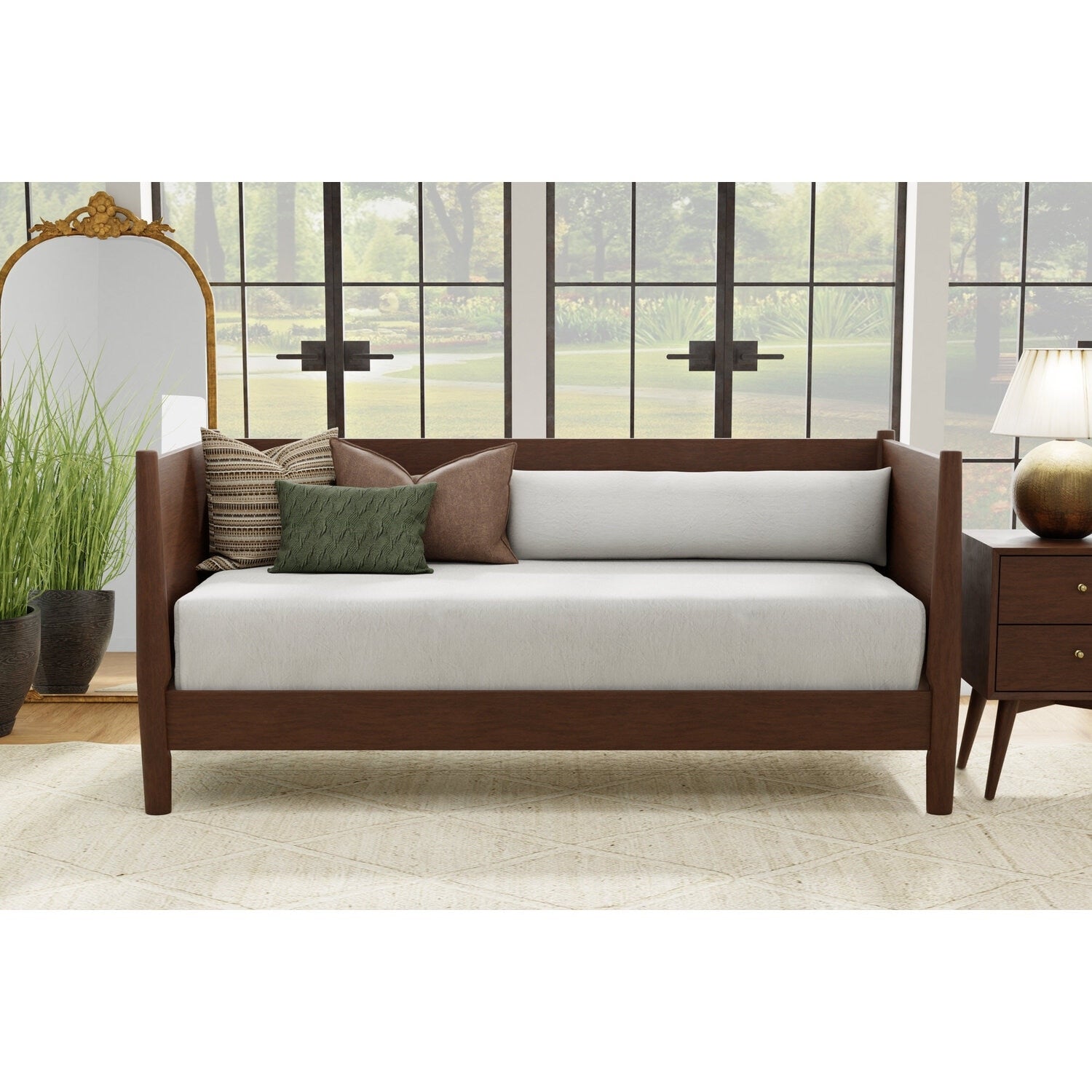 35 In.H Brown Wood Frame Twin Size Panel Bed With Microfiber Upholstery Material And Bed Frame Mounted