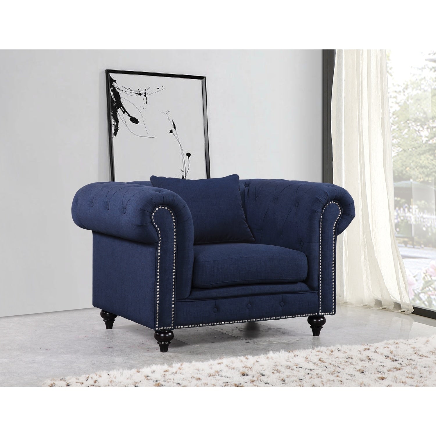 35 In.H Navy Finish Velvet Upholstery Square Barrel Chair Piece Of 1 With Straight Arm 8 X 10