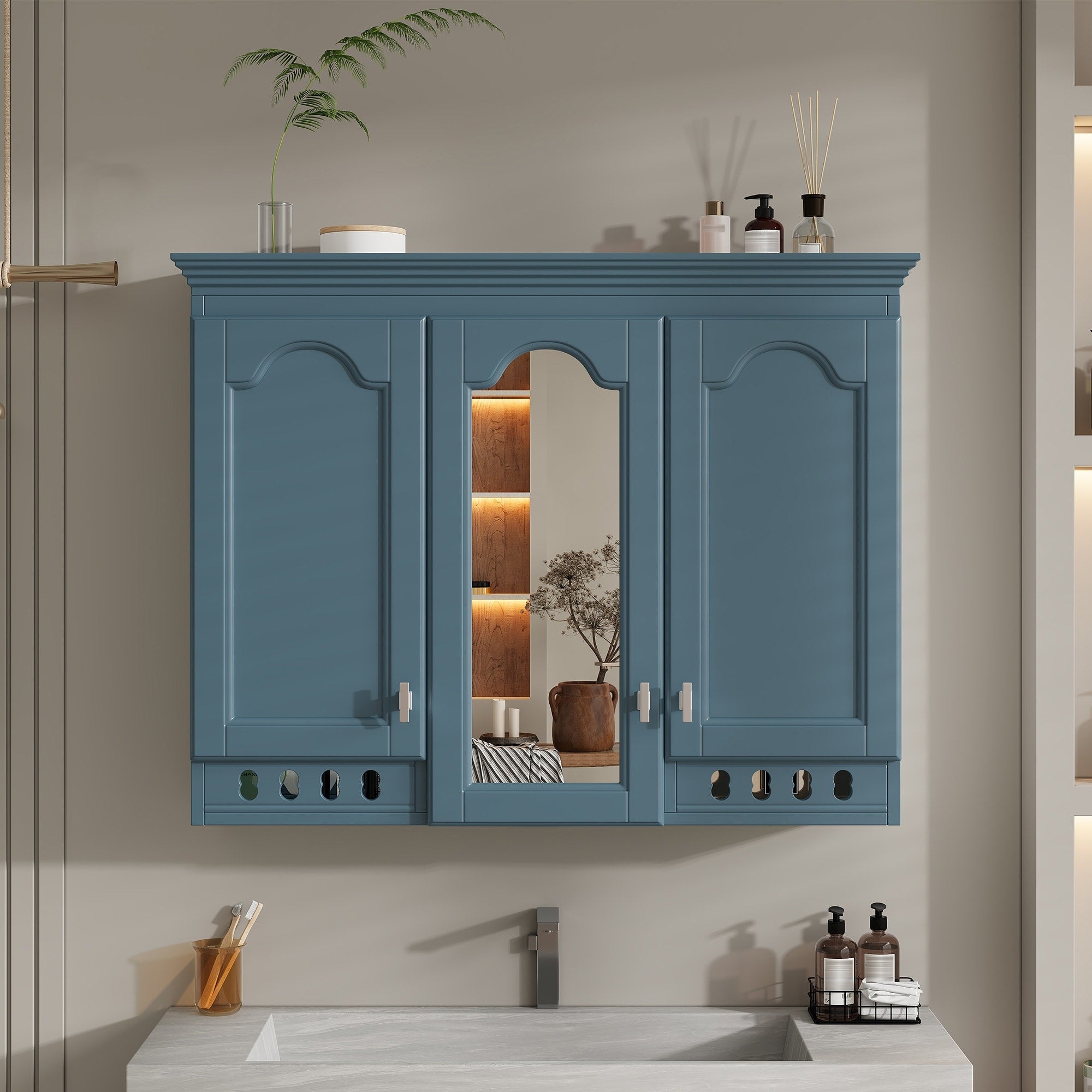 35 Inch Wall Mount All In One Mirror Cabinet With Adjustable Shelves Soft Closing Hinges For Bathroom Vanity Living Room