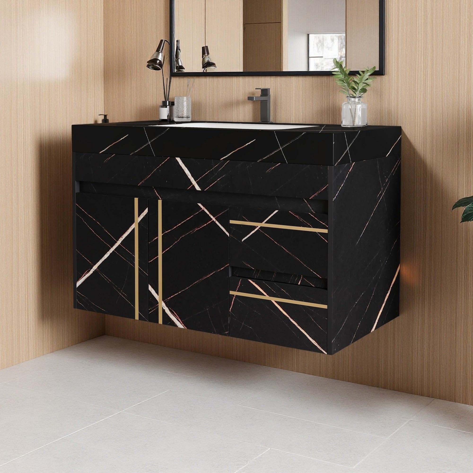 35.2 Plywood Water Resistant Floating Bathroom Vanity With Undermount Ceramic Sink 2 Soft Close Drawers And 1 Door