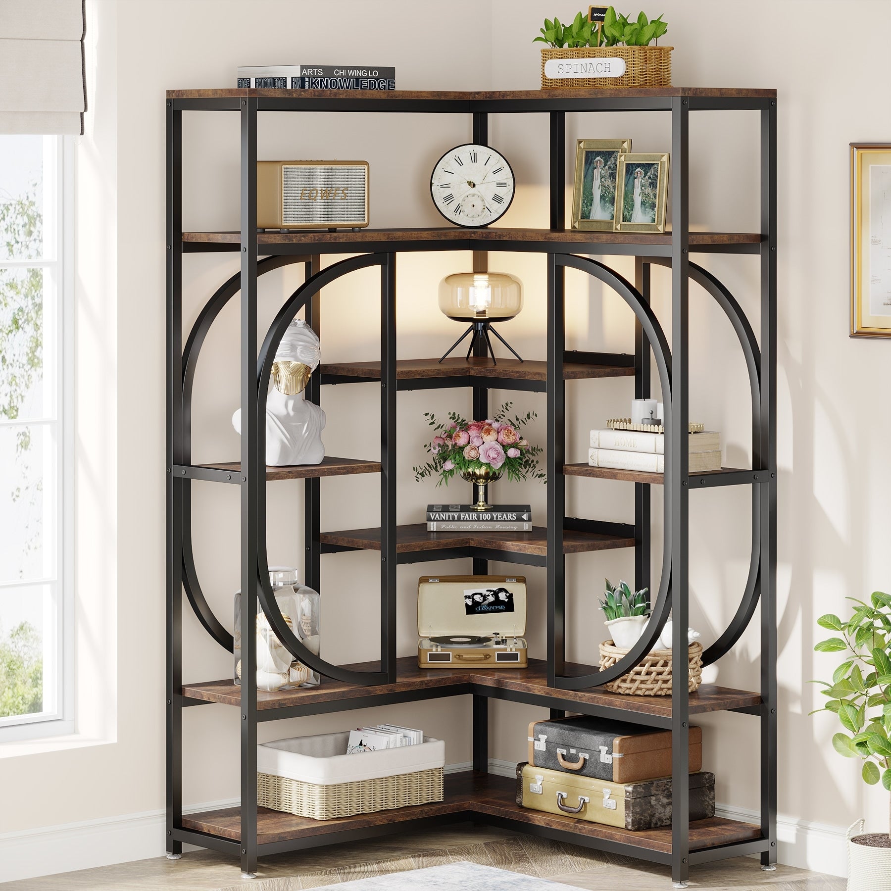 35.43 In. Wide Rustic Brown 14 Shelf Industrial L Shaped Corner Bookcase With Open Back