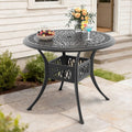 35.43 Inch Black Round Cast Aluminum Patio Table With Umbrella Hole Retro Design