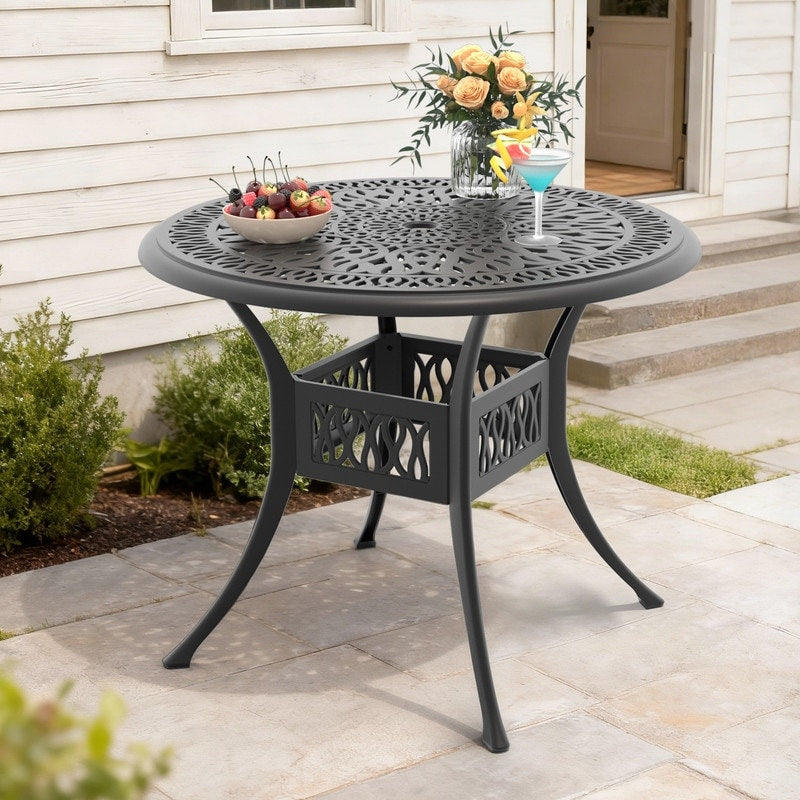 35.43 Inch Black Round Cast Aluminum Patio Table With Umbrella Hole Retro Design