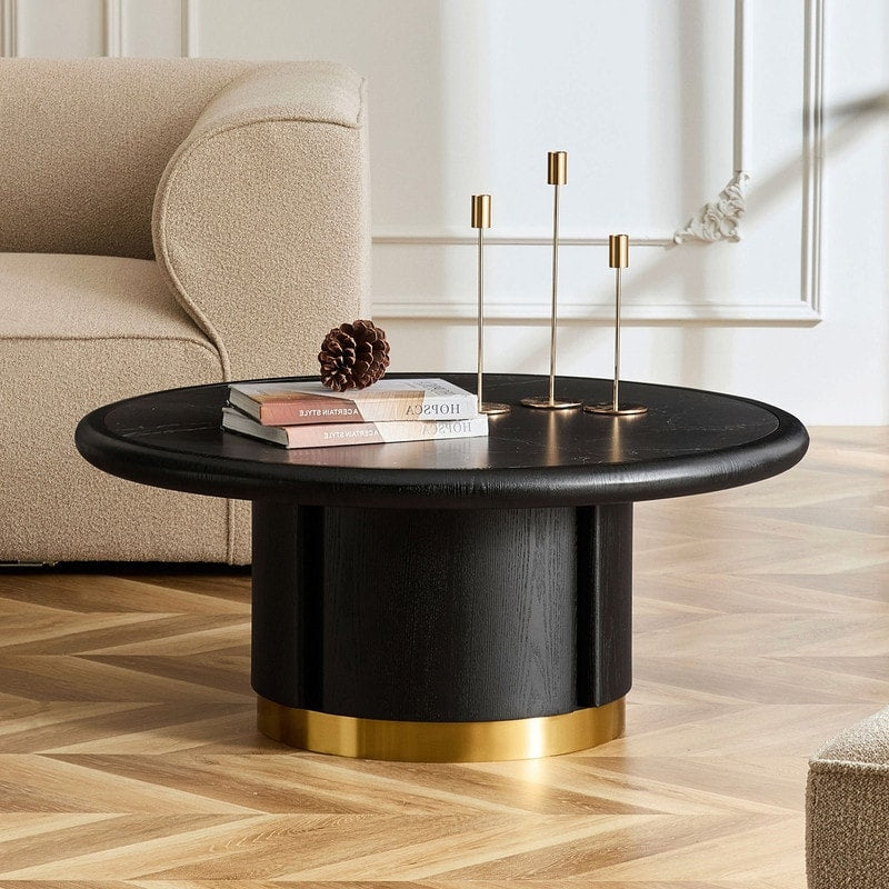 35.43 Inch Round Coffee Table Sofa Side Table With Cylindrical Base And Sintered Stone Top