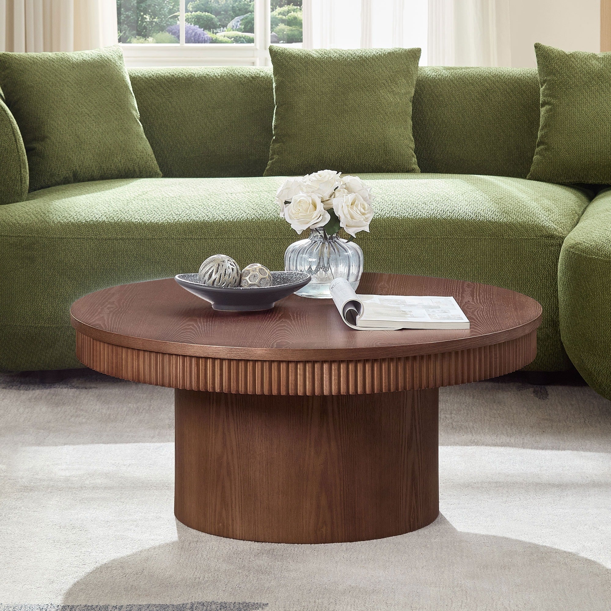 35.43 Inch Walnut Round Coffee Table With Solid Wood Ribbed Wave Trim Mdf Wood Veneer Table For Living Room Apartment Office