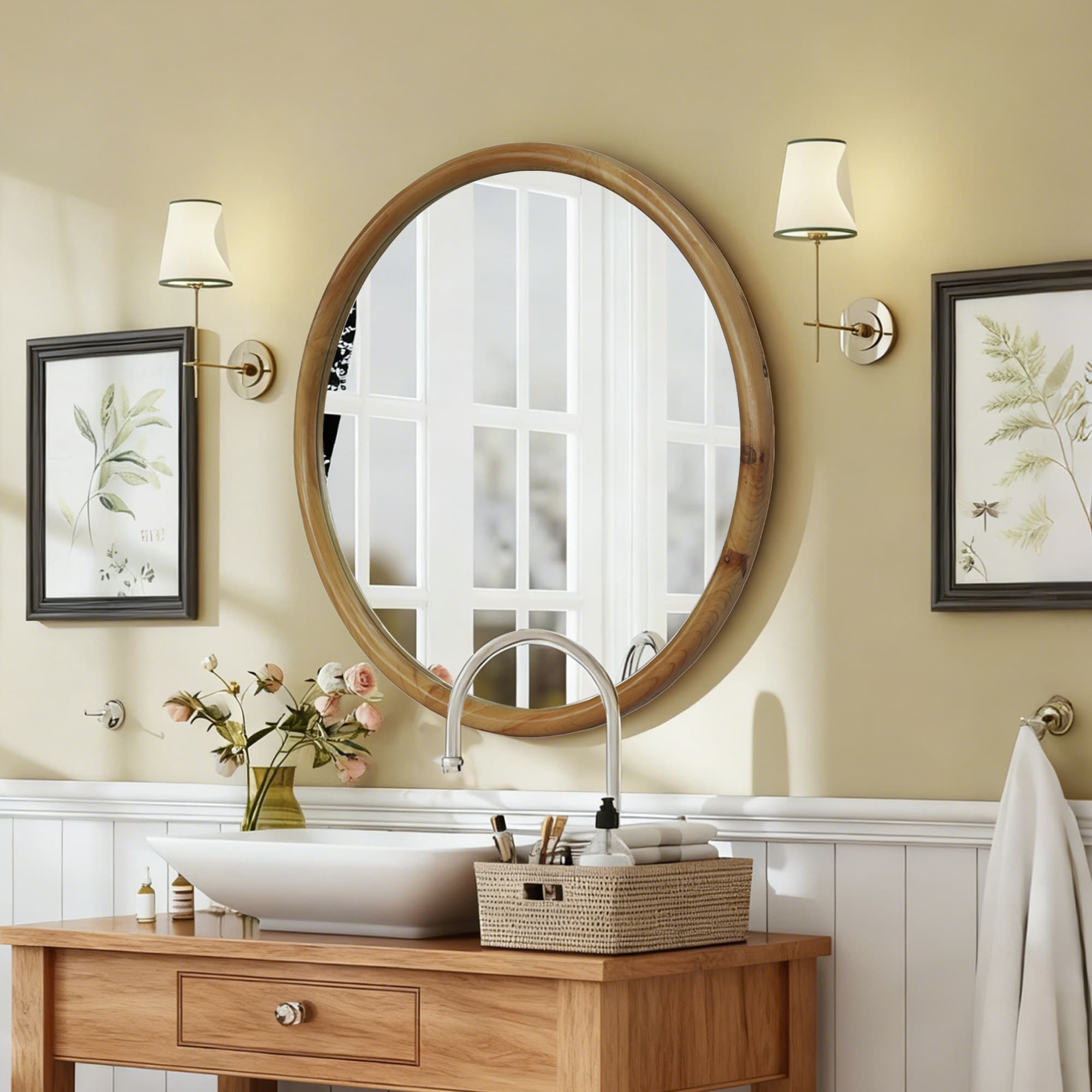 35.43 Round Wood Framed Wall Mirror