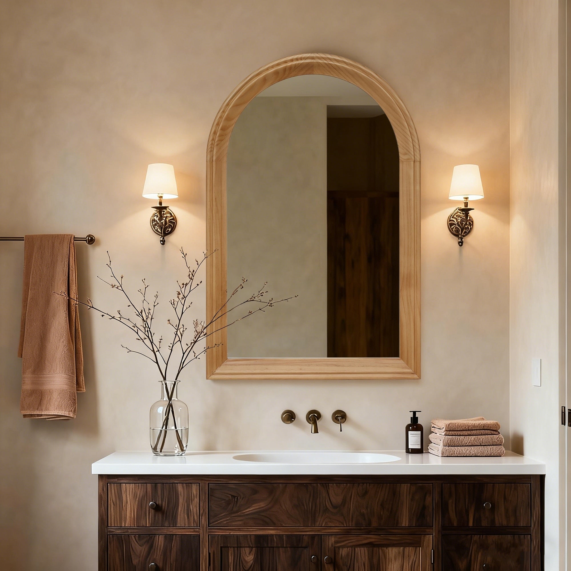 35.43 23.62 Rustic Arched Wood Framed Wall Mirror