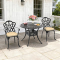 35.43In Round Black Cast Aluminum Outdoor Dining Table With Unbrella Hole 2 Outdoor Chairs With Brown Cushions 3 Piece Set