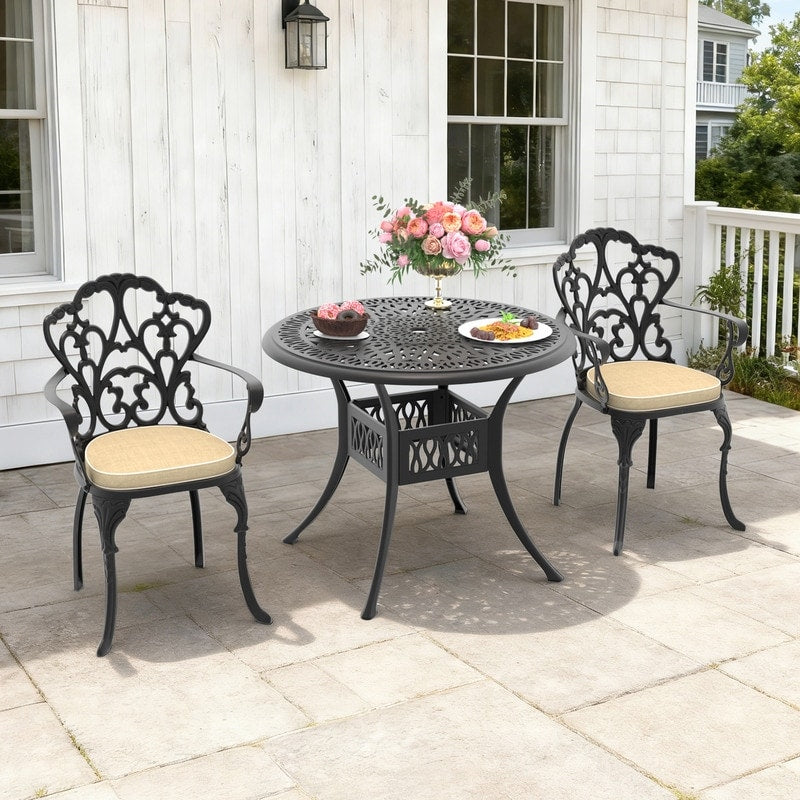 35.43In Round Black Cast Aluminum Outdoor Dining Table With Unbrella Hole 2 Outdoor Chairs With Brown Cushions 3 Piece Set