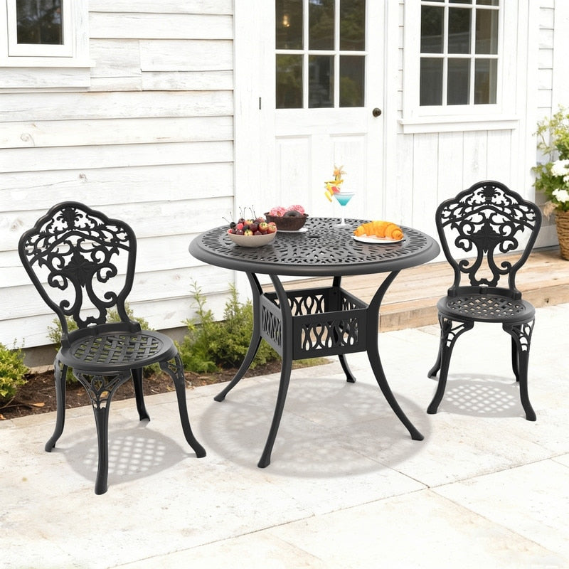 35.43In Round Black Cast Aluminum Outdoor Dining Table With Unbrella Hole 2 Outdoor Dining Chairs Without Cushion