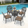 35.43In Round Black Cast Aluminum Outdoor Dining Table With Unbrella Hole 4 Outdoor Chairs With Brown Cushions 5 Piece Set