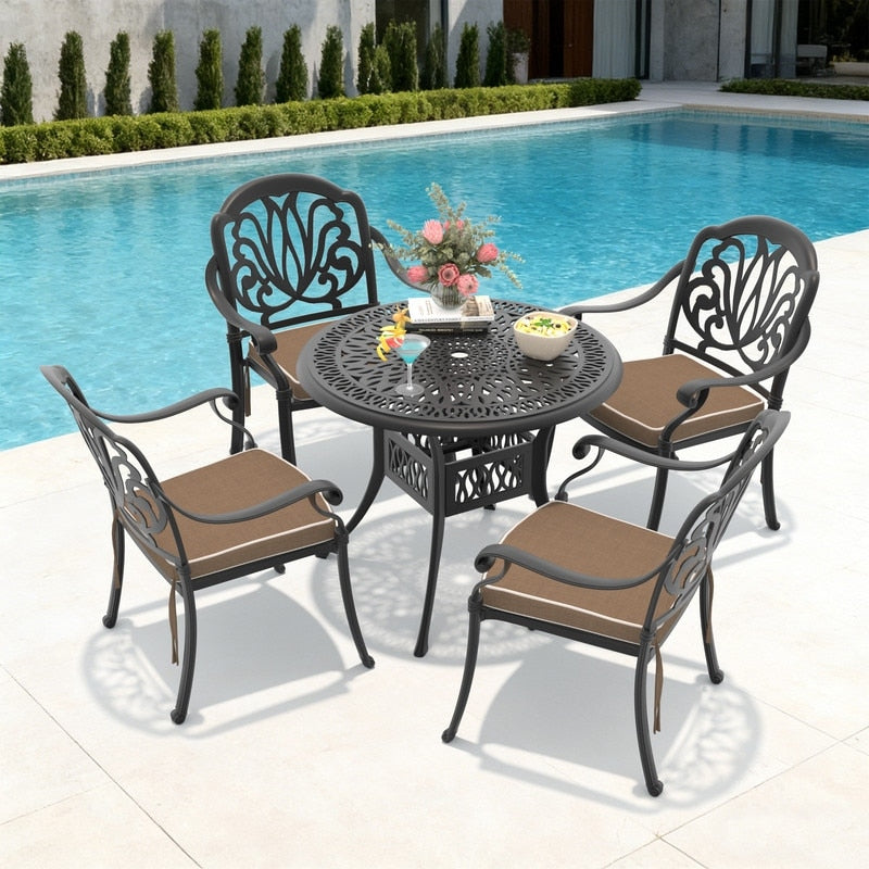 35.43In Round Black Cast Aluminum Outdoor Dining Table With Unbrella Hole 4 Outdoor Chairs With Brown Cushions 5 Piece Set