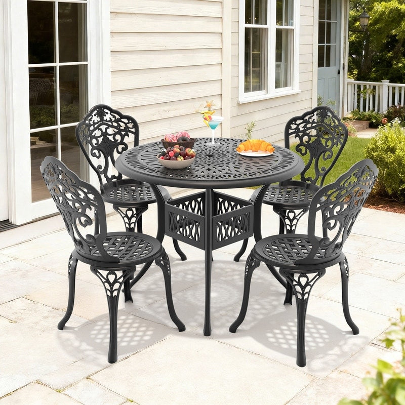 35.43In Round Black Cast Aluminum Outdoor Dining Table With Unbrella Hole 4 Outdoor Dining Chairs Without Cushion