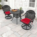 35.43In Round Cast Aluminum Outdoor Dining Table And 2 Swivel Black Frame Outdoor Chairs With Brown Cushions