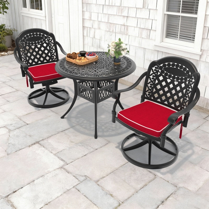 35.43In Round Cast Aluminum Outdoor Dining Table And 2 Swivel Black Frame Outdoor Chairs With Brown Cushions