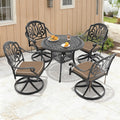 35.43In Round Cast Aluminum Outdoor Dining Table And 4 Swivel Black Frame Outdoor Chairs With Brown Cushions