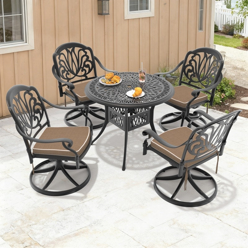 35.43In Round Cast Aluminum Outdoor Dining Table And 4 Swivel Black Frame Outdoor Chairs With Brown Cushions