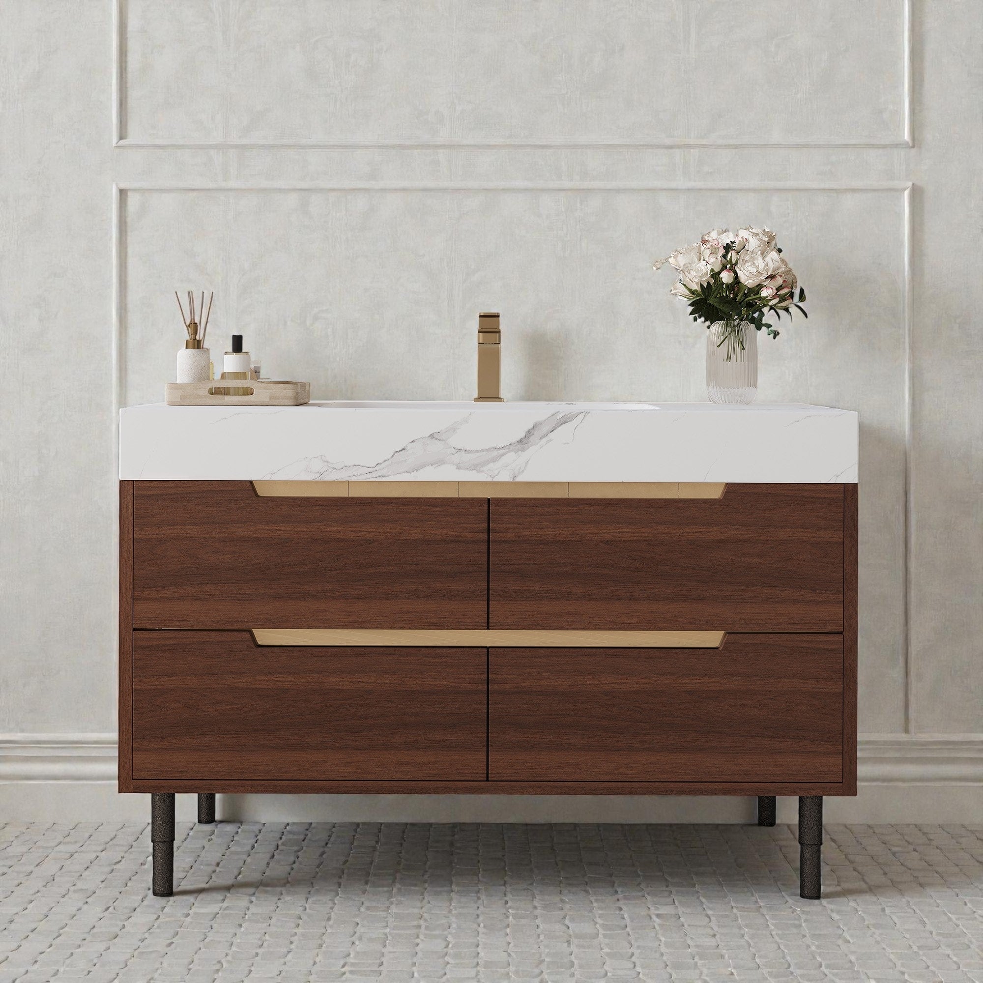 35.4 Farmhouse Bathroom Vanity With Sintered Stone Top Undermount Sink 4 Soft Close Drawers Free Standing Or Wall Mounted