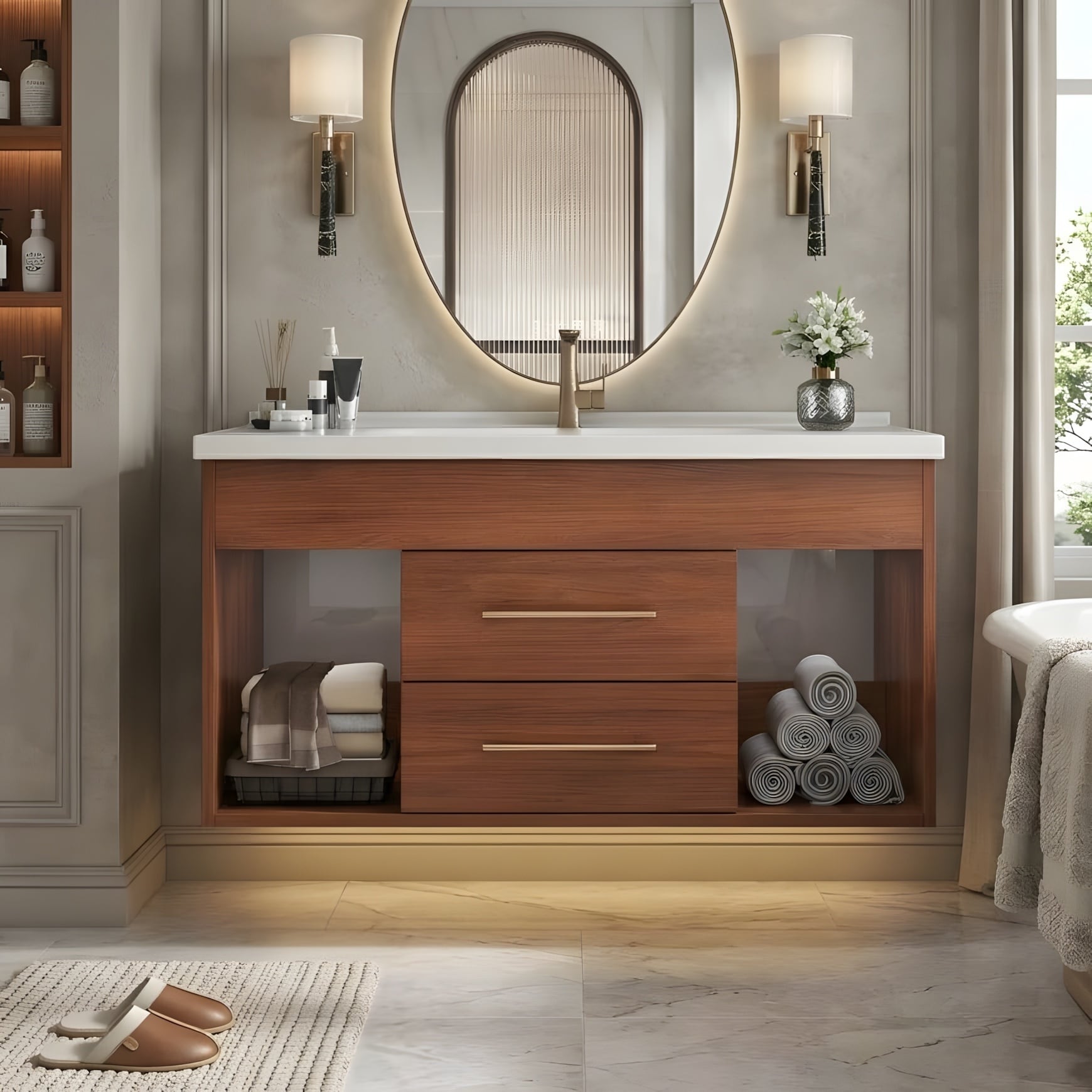 35.4 Mid Century Modern Single Bathroom Vanity With Integrated Ceramic Undermount Sink