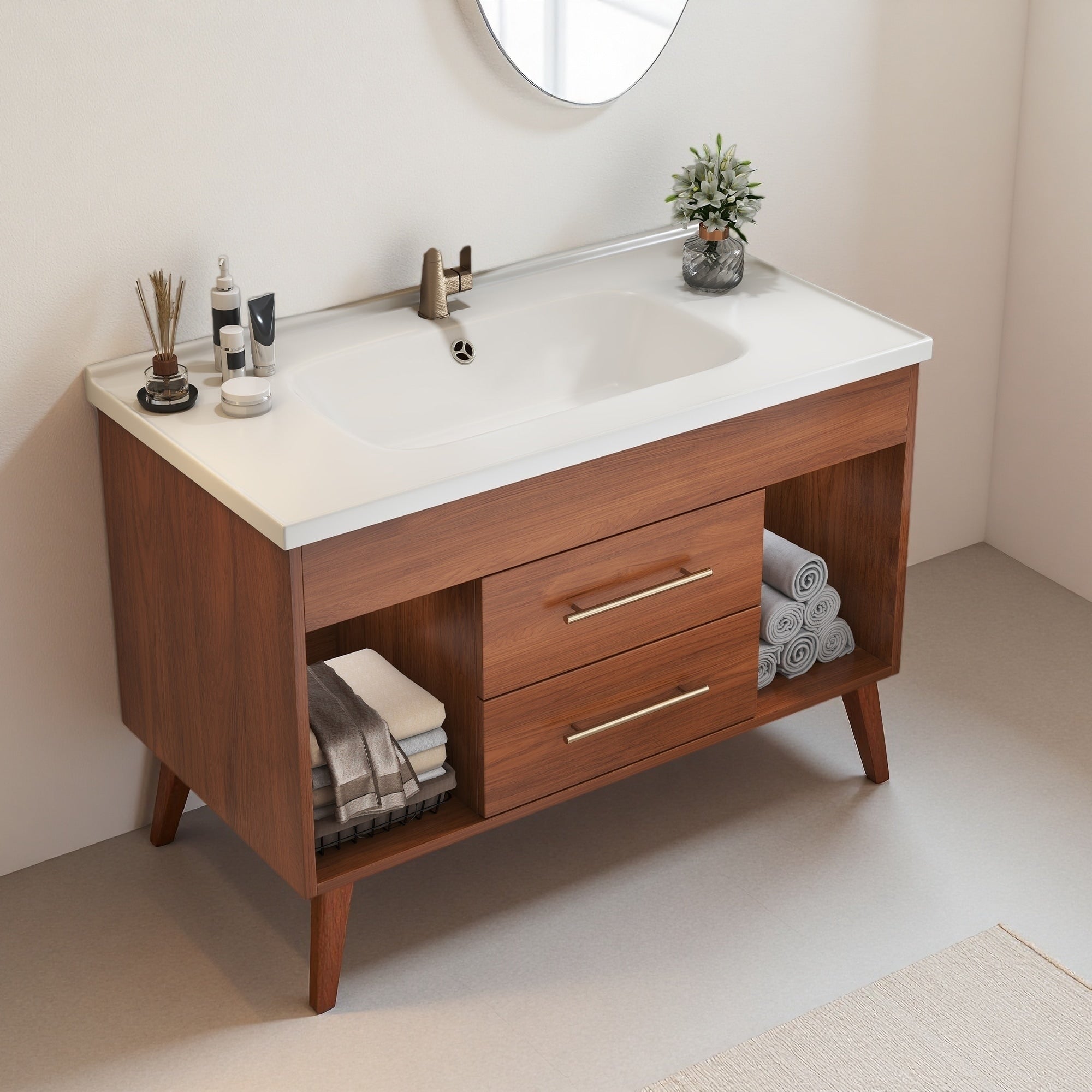 35.4 Multi Layer Solid Wood Water Resistant Bathroom Vanity With Integrated Ceramic Undermount Sink Drawers And Open Shelves