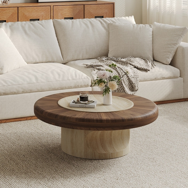 35.4 Round Dual Wood Coffee Table Walnut Light Wood Mid Century Modern Center Table For Living Room