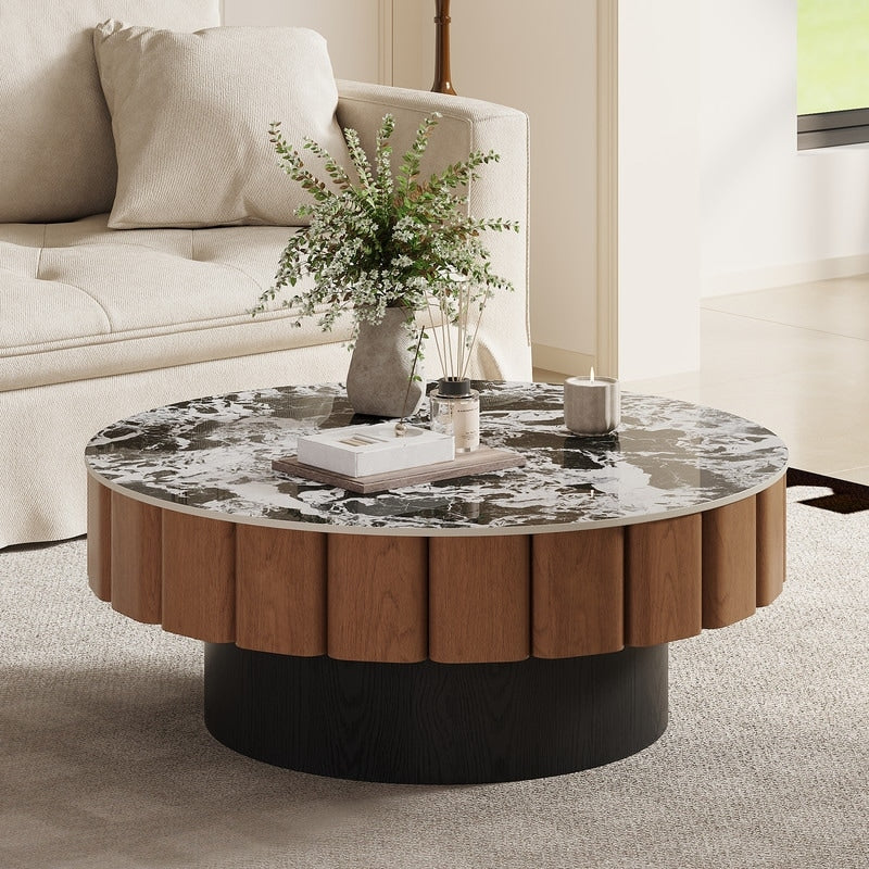 35.4 Round Faux Marble Coffee Table Mid Century Modern Black Brown Accent Table For Living Room