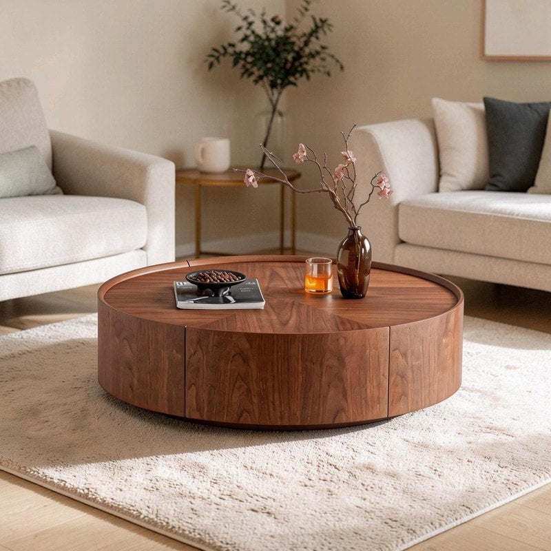 35.4 Round Walnut Coffee Table Modern Circular Wood Table