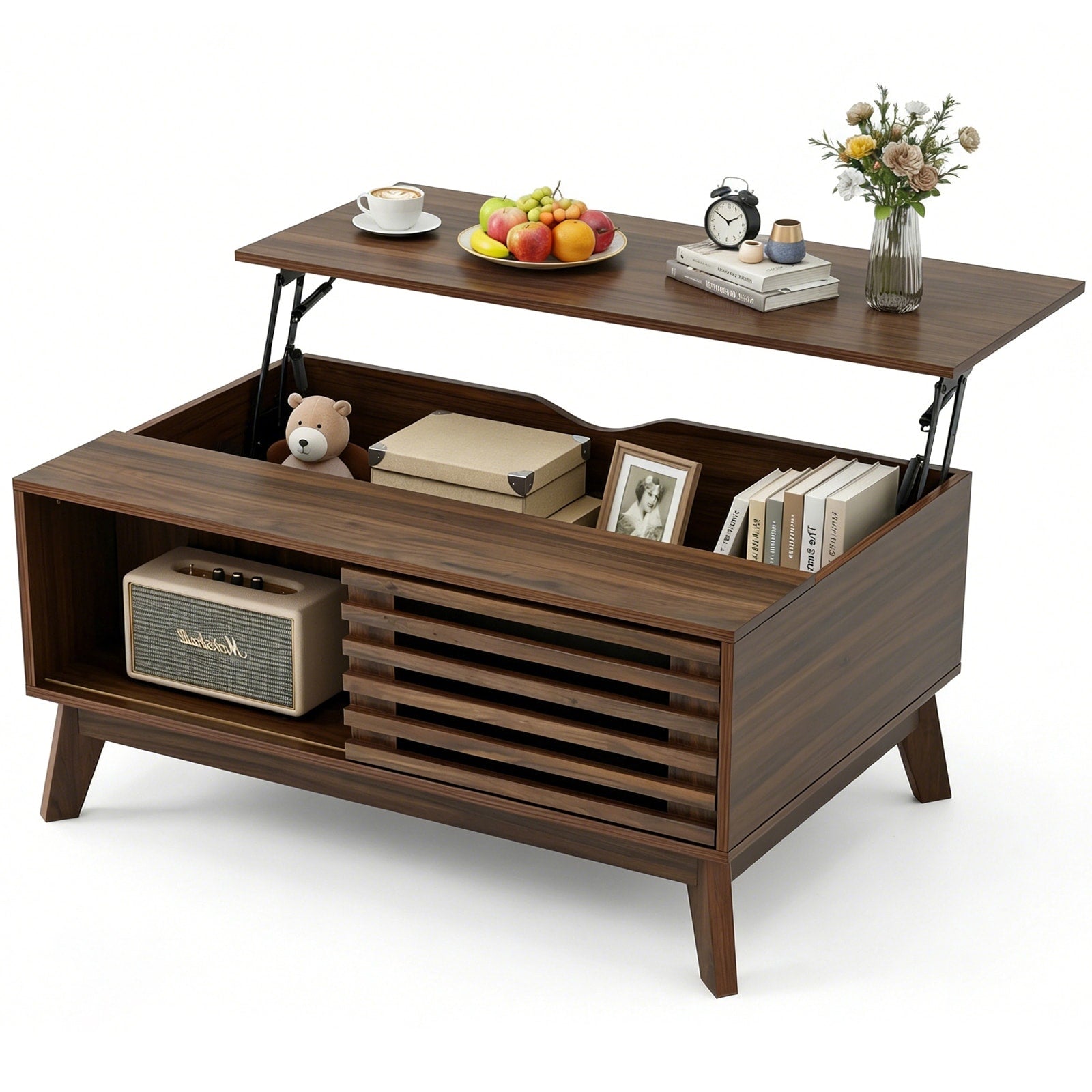 35.4 Lift Top Coffee Table With Storage Mid Century Modern Coffee Table With Slatted Sliding Door And Hidden Compartment