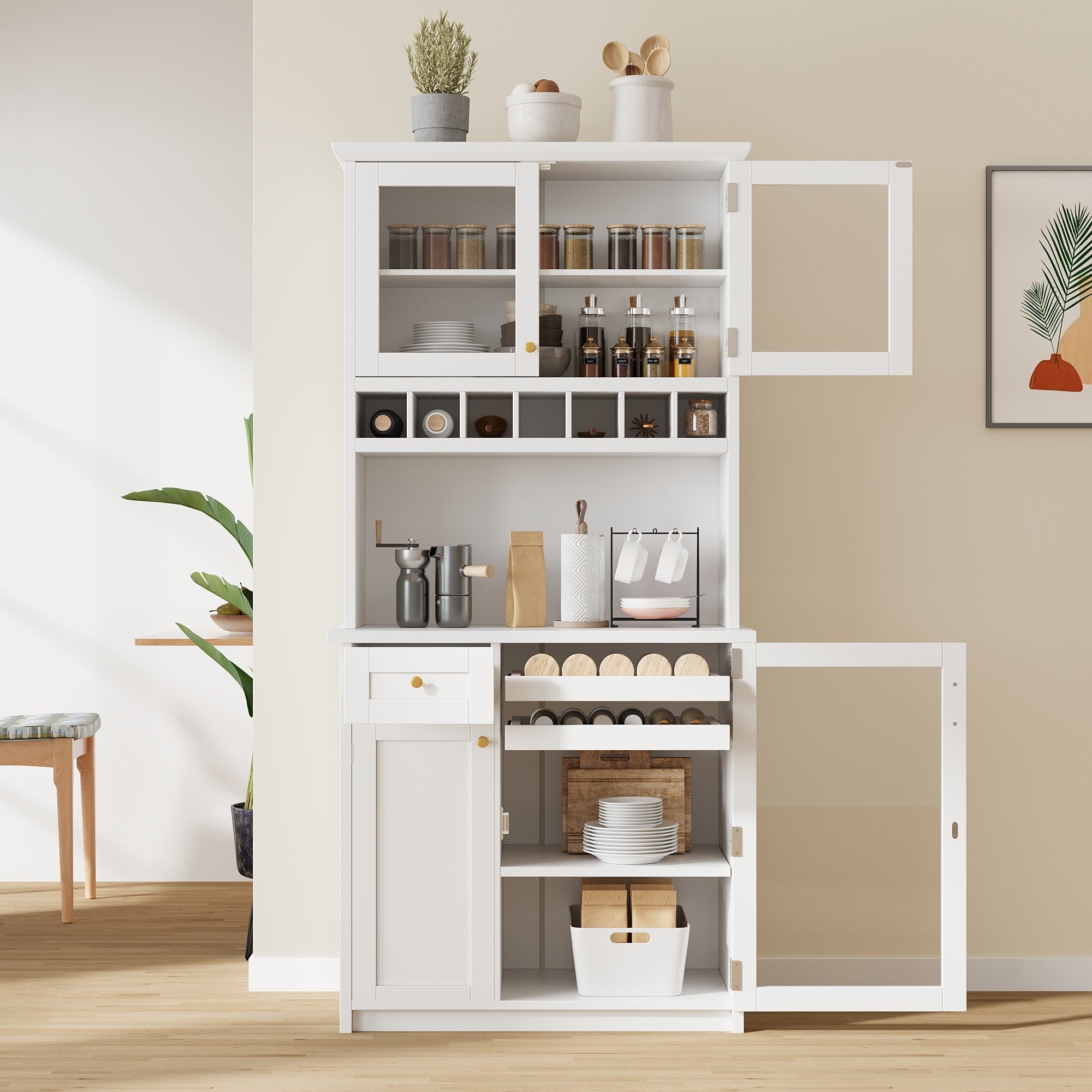35.4 X17.7 X74.8 Freestanding Buffet With Hutch Tall Kitchen Pantry Storage Cabinet With Wine Rack And Adjustable Shelves