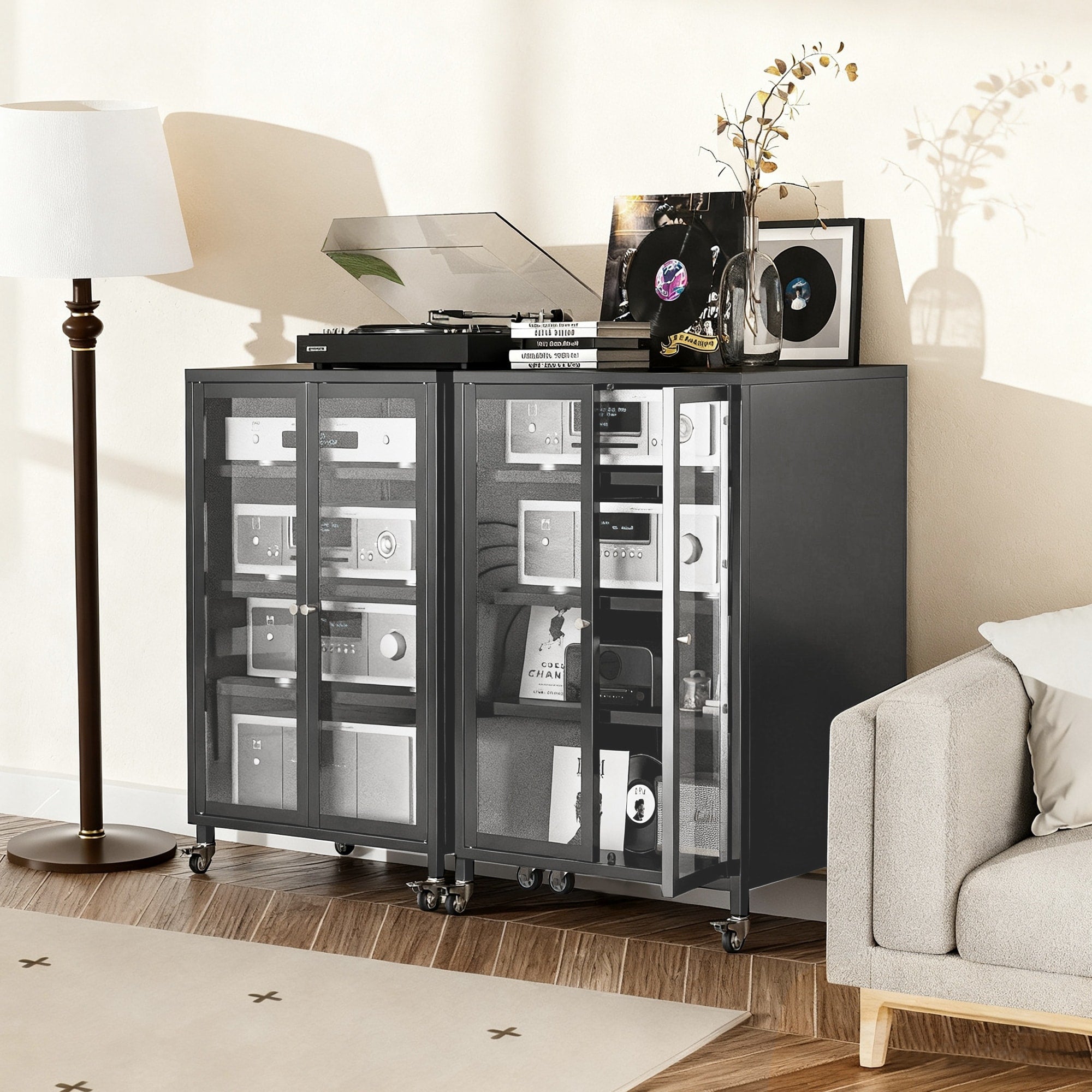 35.8 High Media Storage Cabinet With Wheels Tv Stand With 4 Adjustable Glass Shelves Door Heavy Duty Steel Frame