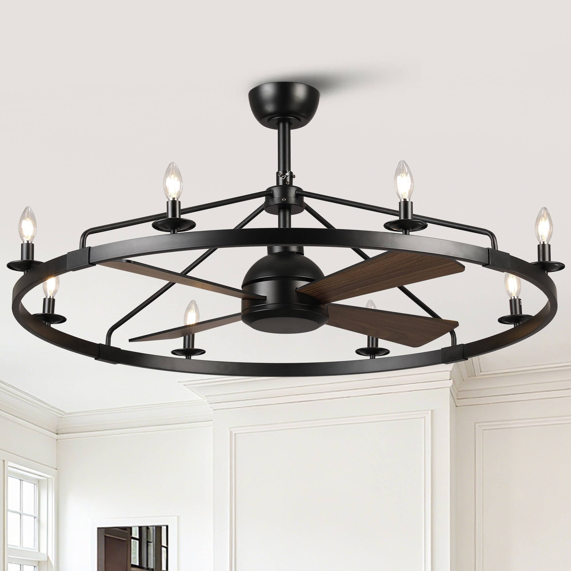 35 Industrial Matte Black Caged Fandelier Wagon Wheel Ceiling Fan With Remote 35 W X 19.69 H