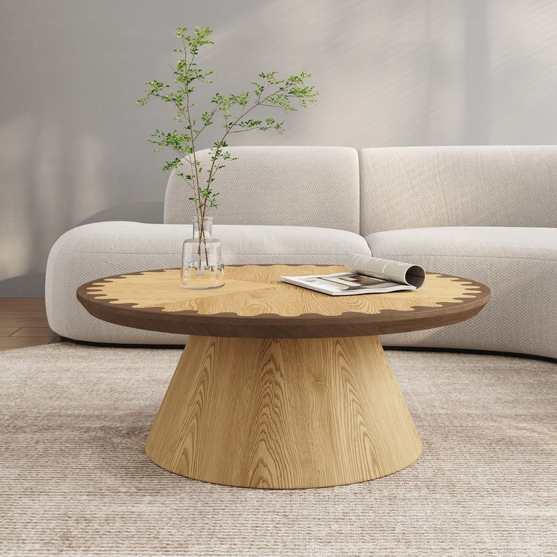 35 Round Coffee Table Modern Oak Walnut Dual Wood Inlay Gear Edge Living Room Table
