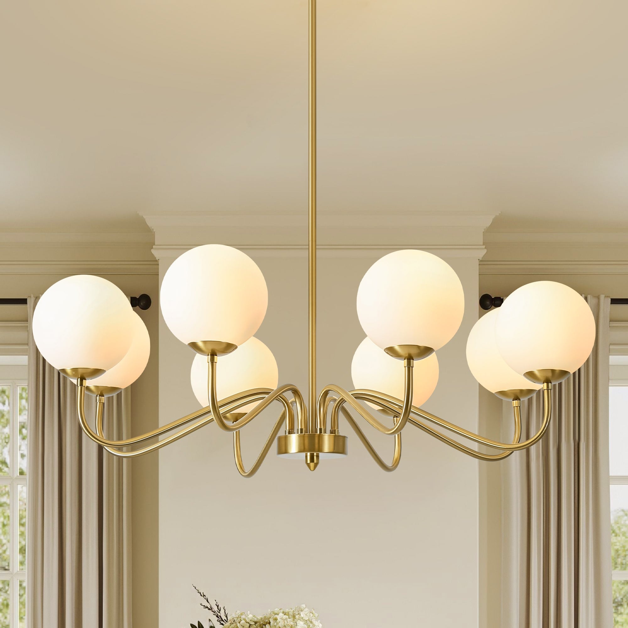 35 W Modern Classic Gold Cluster Gold Sputnik 8 Light Globe Chandelier With Opal Glass Shades For Living Room