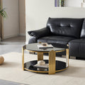 35Inch Modern Coffee Table Double Layer Tempered Black Glass Gold Stainless Steel Frame Living Room Table
