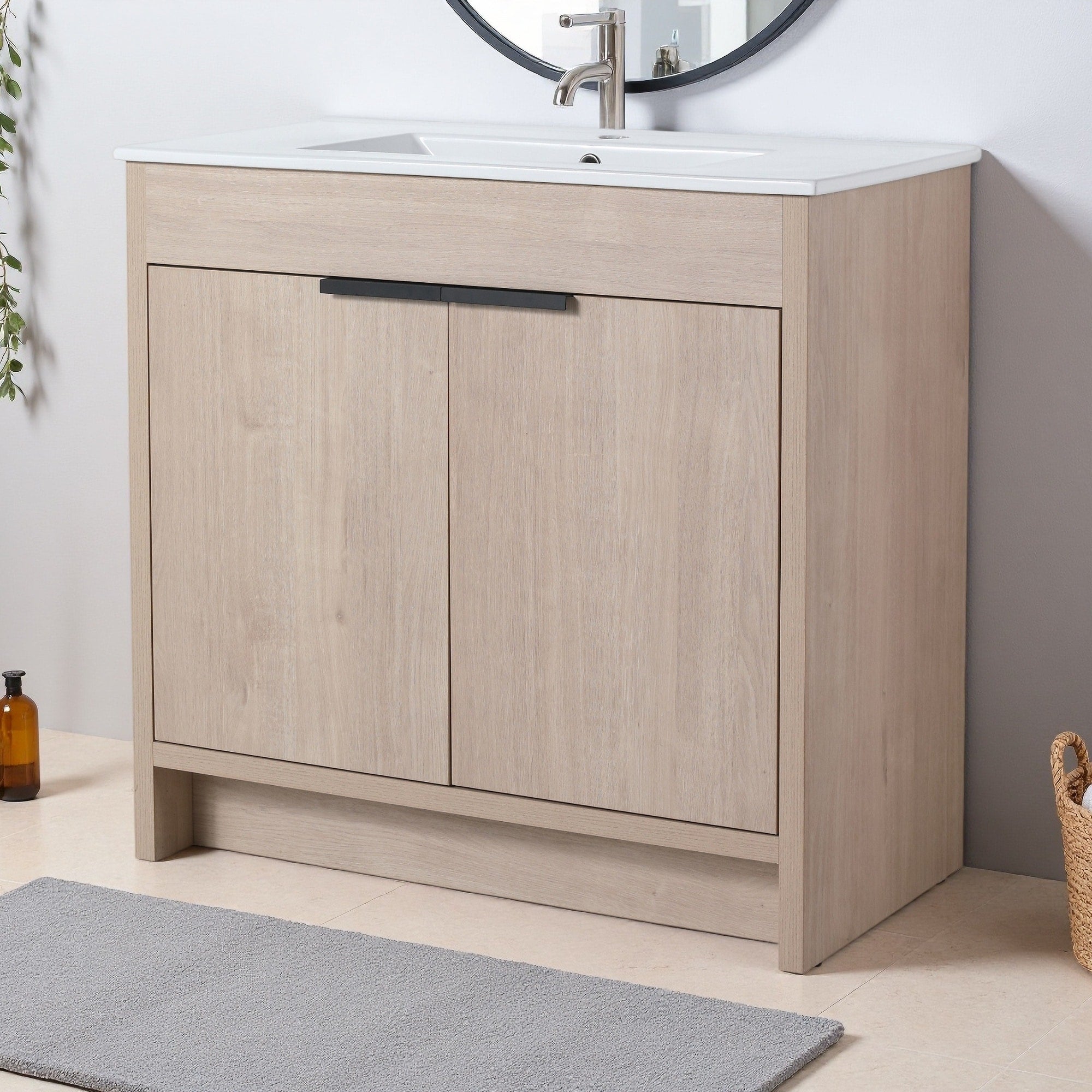 36 Inch Freestanding Bathroom Vanity With White Ceramic Sink 2 Soft Close Cabinet Doors Freestanding Design