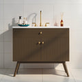 36 Inch Luxury Bathroom Vanity With Ceramic Sink Striped Dark Brown Cabinet And Soft Close Doors