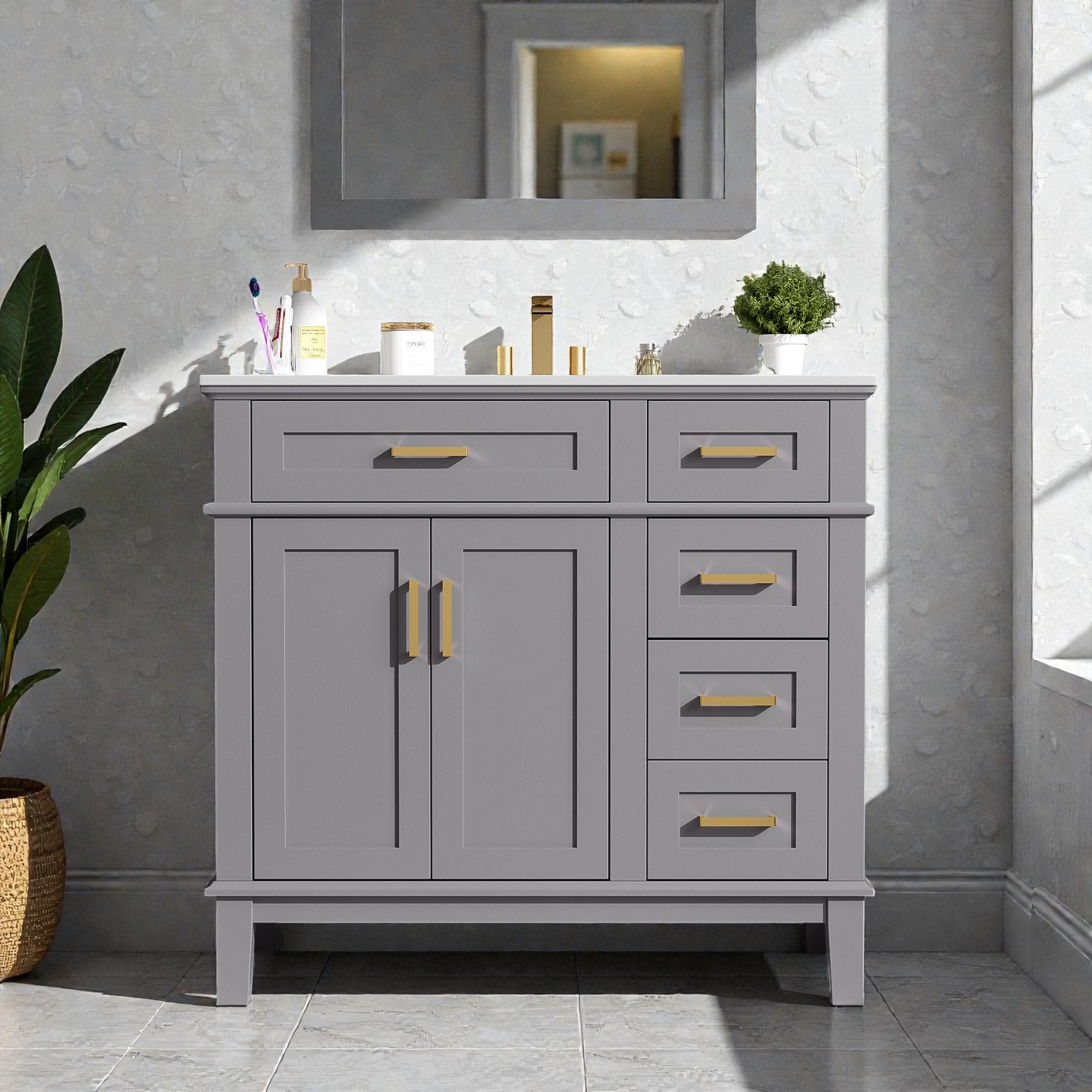 36 Inch Modern Bathroom Vanity With Ceramic Sink Freestanding Cabinet With Soft Close Doors And 4 Drawers
